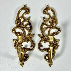 Vintage Syroco Gold Tone Wall Candle Sconces Hollywood Regency 16"